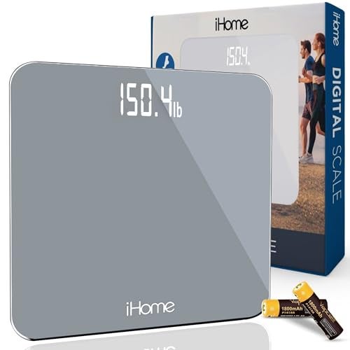 iHome Digital Scale Bathroom Scale Batteries Included Scale Body Weight Weight Scale Digital Scale Bathroom Scales for Weight Digital Scales for Body Weight Grey